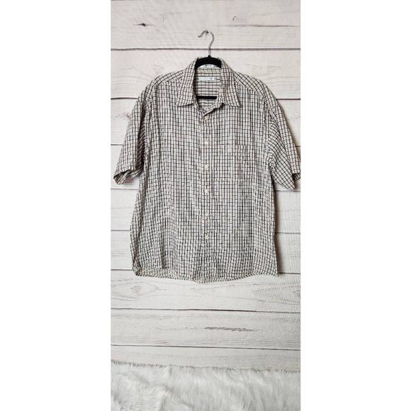 Geoffrey Beene Mens Button Down Shirt Off White Black Windowpane Short Sleeve L - Picture 1 of 5